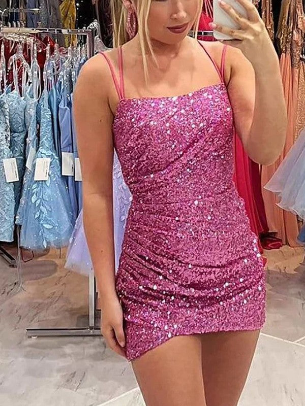 Vestido de fiesta corto, ajustado, recto, con lentejuelas, plisado, cuadrado, sin mangas