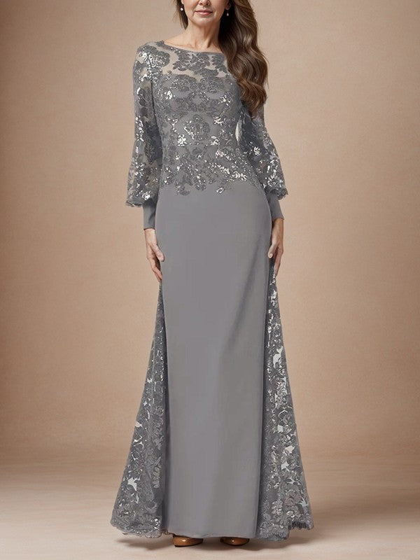 Grey Chiffon Sheath/column Floor-Length Dress with Sequined Lace Bodice