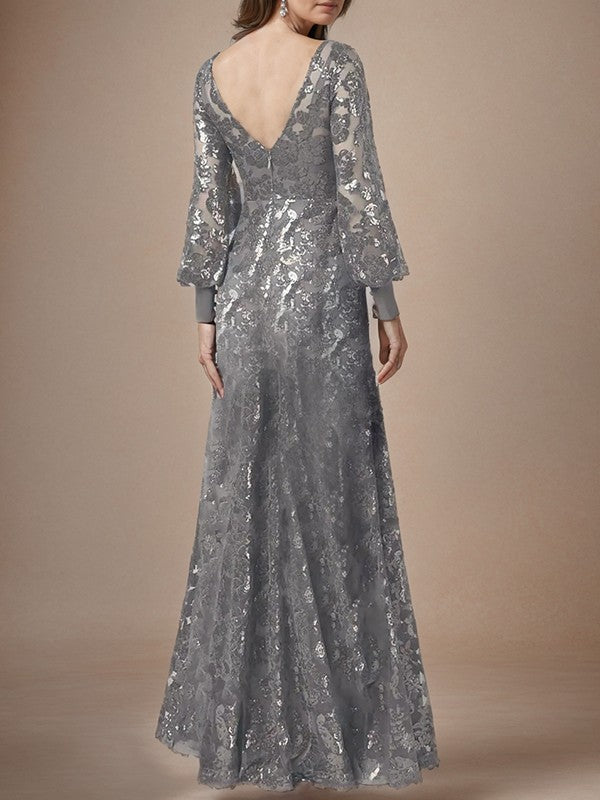 Grey Chiffon Sheath/column Floor-Length Dress with Sequined Lace Bodice