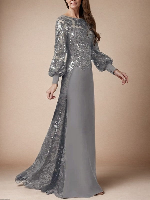 Grey Chiffon Sheath/column Floor-Length Dress with Sequined Lace Bodice