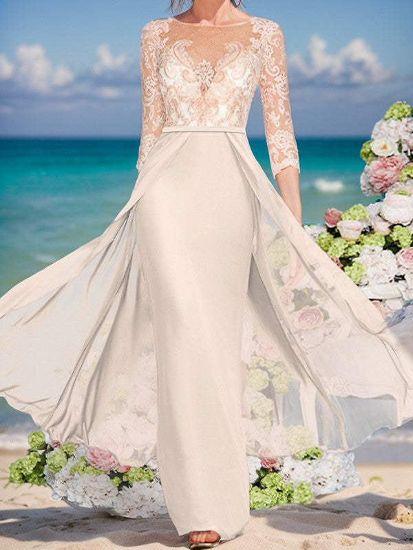 Vestidos para madre de la novia de satén, de gasa, con mangas 3/4, corte tubo/columna, apliques de hebilla y largo hasta el suelo.