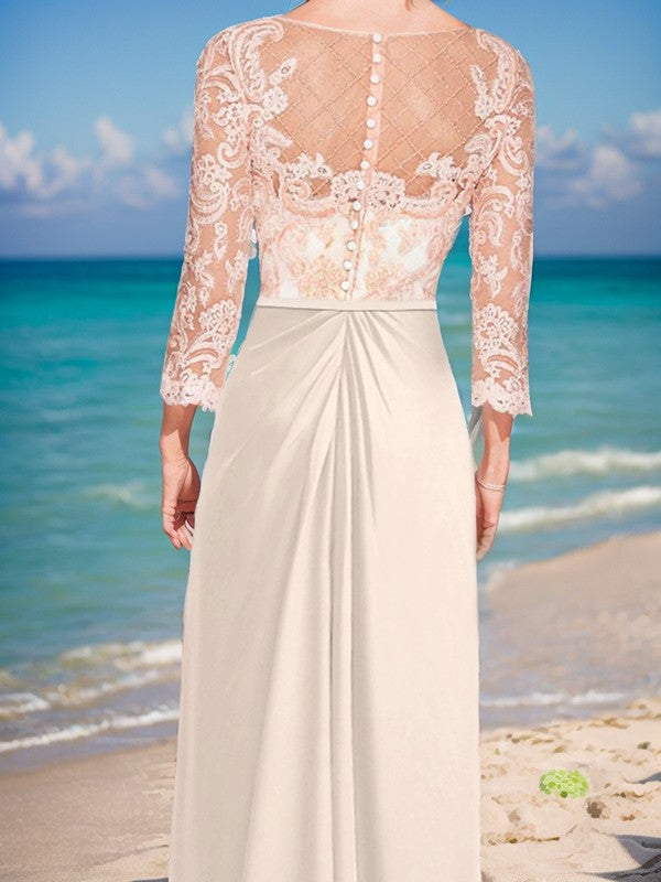 Champagne Lace A-Line Floor-Length Bridesmaid Dress with Illusion Boat Neck