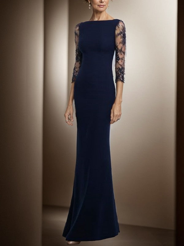 Dark Navy Crepe Sheath/column Floor-Length Dress with Lace 3/4 Sleeves & Boat Neck for Formal Events, Mother of the Bride, & Wedding Guests