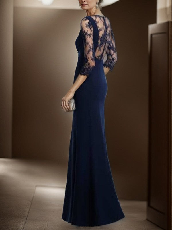 Dark Navy Crepe Sheath/column Floor-Length Dress with Lace 3/4 Sleeves & Boat Neck for Formal Events, Mother of the Bride, & Wedding Guests