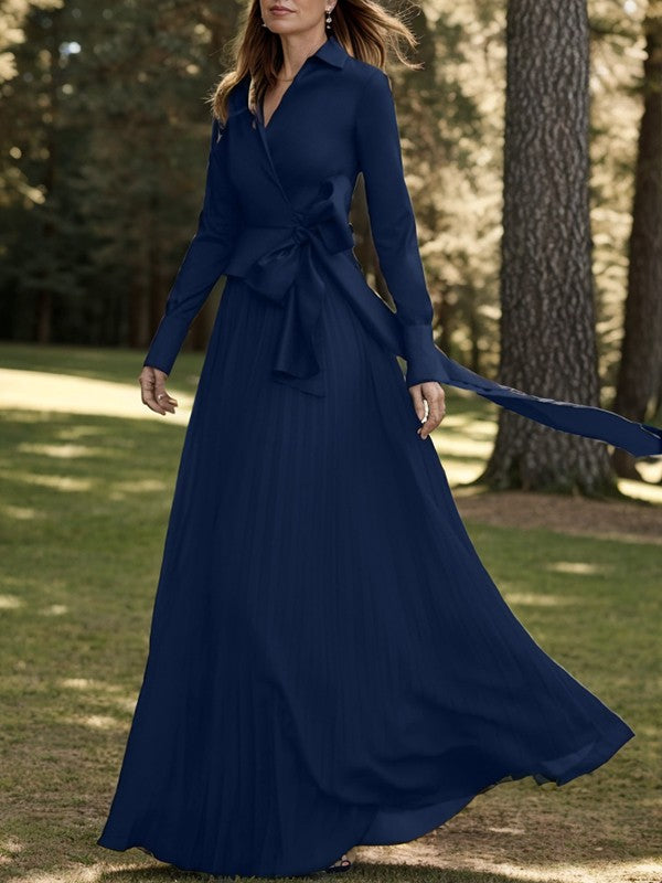 Navy Blue Chiffon A-Line V-Neck Floor-Length Evening Dress with Wrap Bodice