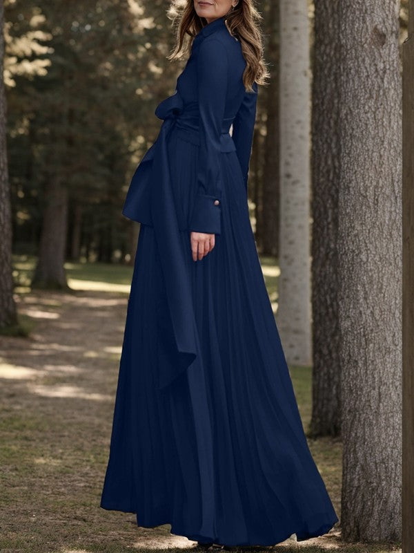 Navy Blue Chiffon A-Line V-Neck Floor-Length Evening Dress with Wrap Bodice