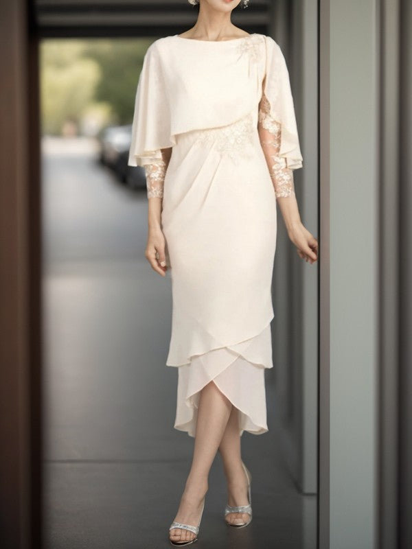 Elegant Lace Applique 3/4 Sleeve Chiffon Tea Long Style Mother of the Bride Dresses