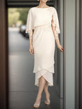 Elegante abito da sera lungo in chiffon con maniche a 3/4 e applicazioni in pizzo per la madre della sposa
