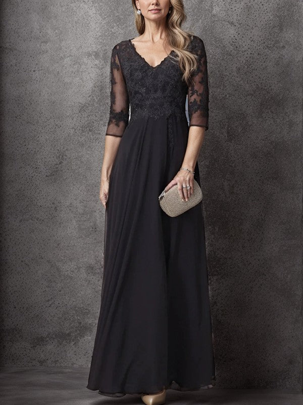 Black Lace A-Line Floor-Length Evening Dress with Lace Bodice, Sheer 3/4 Sleeves & V-Neck