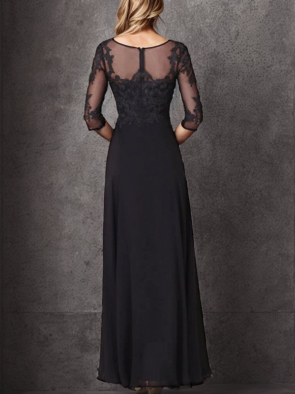 Black Lace A-Line Floor-Length Evening Dress with Lace Bodice, Sheer 3/4 Sleeves & V-Neck