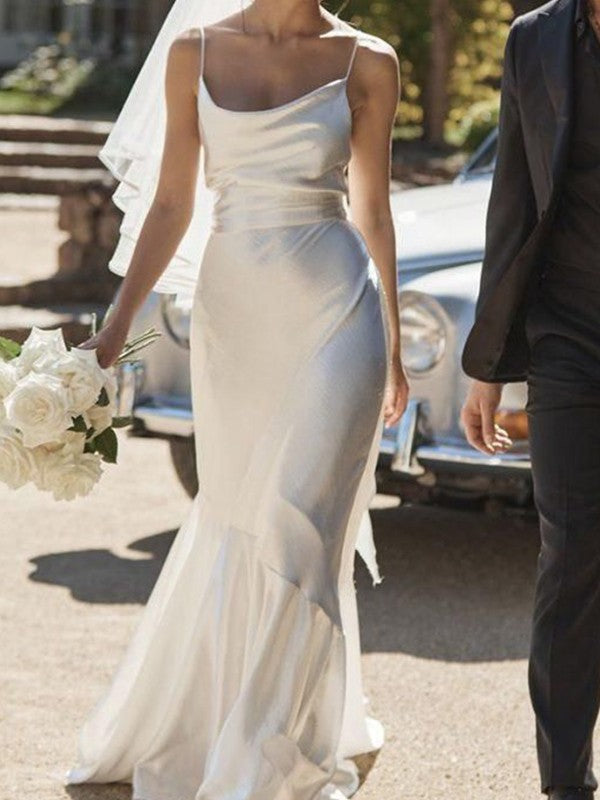 Vestido de novia de corte ajustado/tubo recto, de punto liso, plisado, con tirantes finos, sin mangas y de suelo a suelo