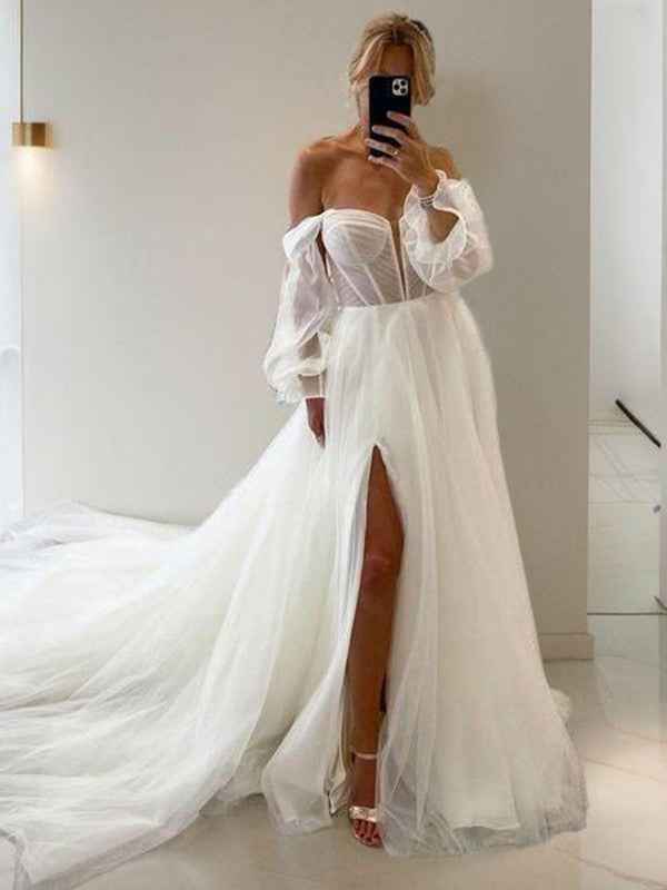 Ivory Tulle Off-the-Shoulder A-Line Floor-Length Dress with Corset Bodice & High Slit