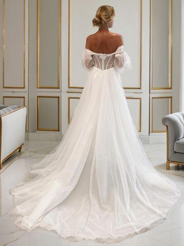 Ivory Tulle Off-the-Shoulder A-Line Floor-Length Dress with Corset Bodice & High Slit