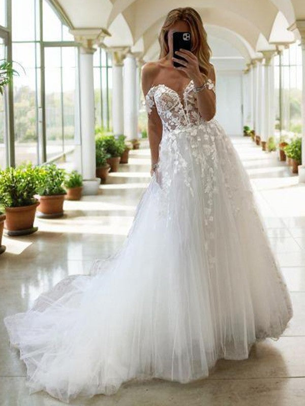 Vestido de novia con escote en A, hombros descubiertos, apliques de encaje, corte palacio, gasa fina, corsé ajustado