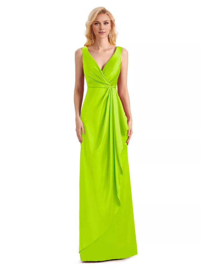 Elegantes vestidos de dama de honor formales, largos hasta el suelo, de satén suave, con escote en V y sin mangas