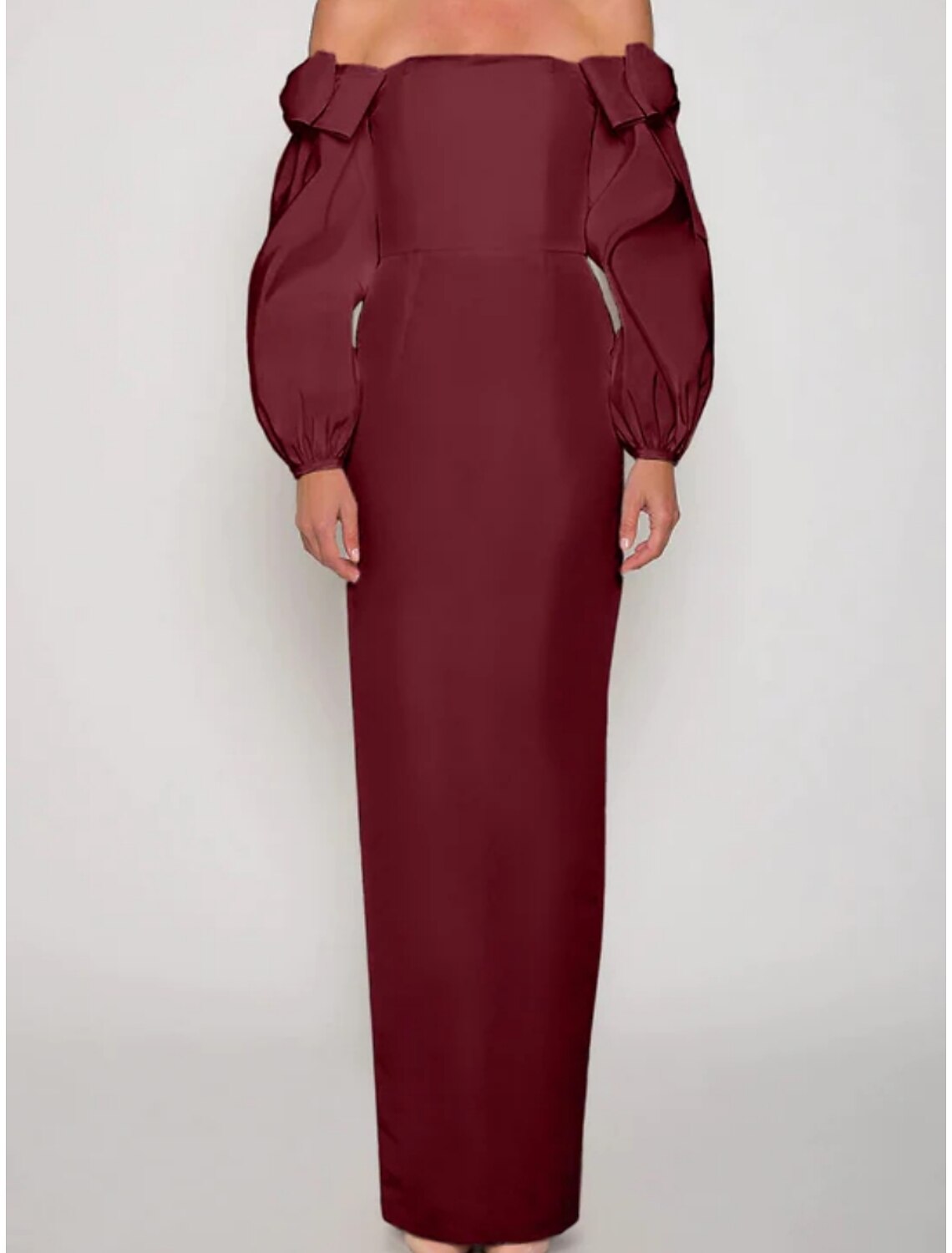 Sheath / Column Evening Gown Elegant Dress Formal Christmas Ankle Length Long Sleeve Off Shoulder Satin with Bow(s) Ruched Slit