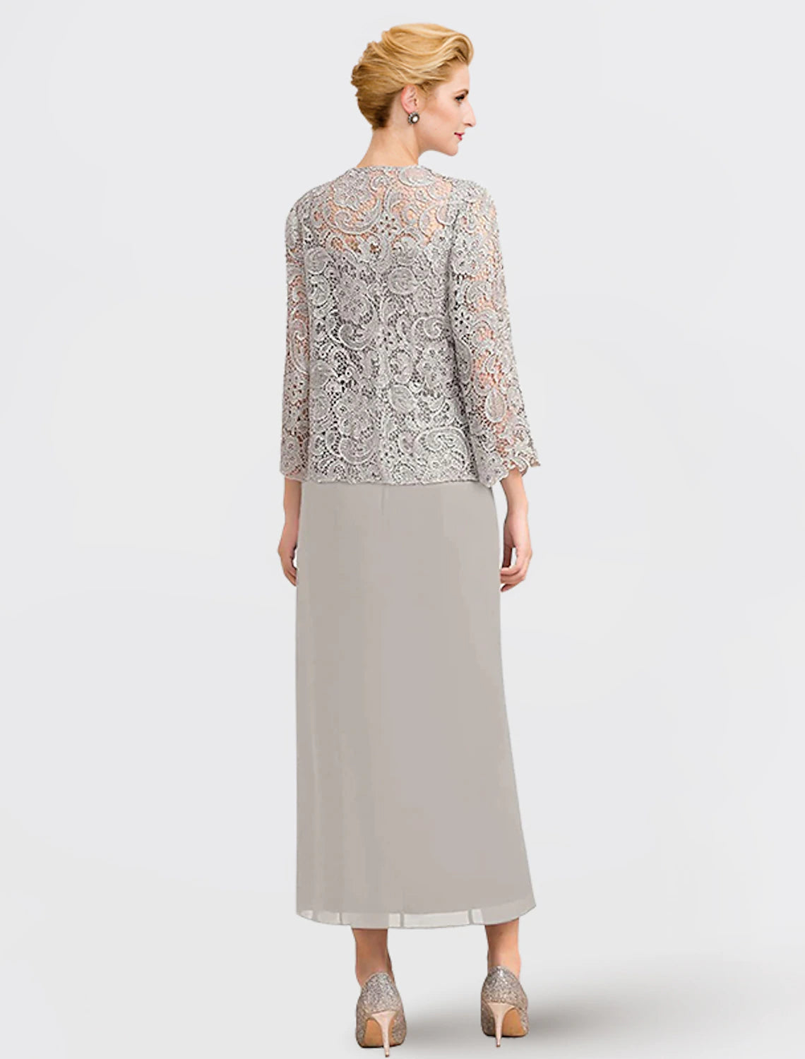 Vestido de dos piezas para madre de la novia, formal, para invitada de boda, elegante, escote cuadrado, largo hasta los tobillos, de gasa, con encaje, sin mangas, cruzado, incluido con apliques