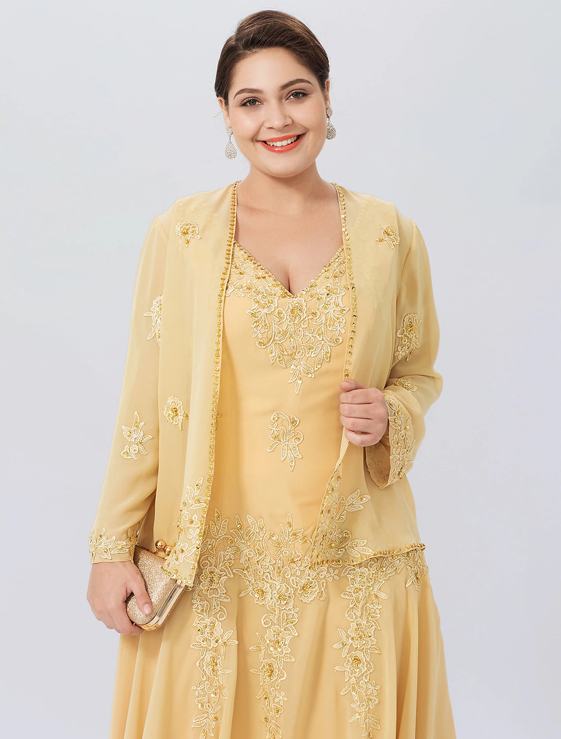 Abito da sposa a trapezio, formale, taglie forti, elegante, scollo a V asimmetrico, in chiffon, pizzo con perline, maniche lunghe, avvolgente, con applicazioni di perline