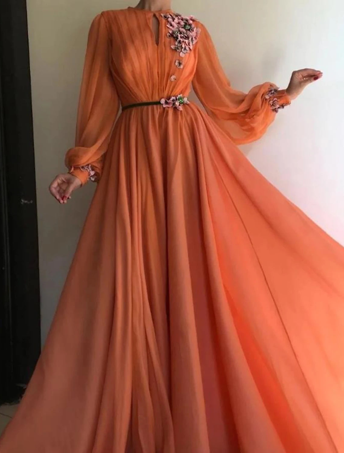 Orange Chiffon A-Line Floor-Length Dress with Keyhole Neck & 3D Floral Appliques