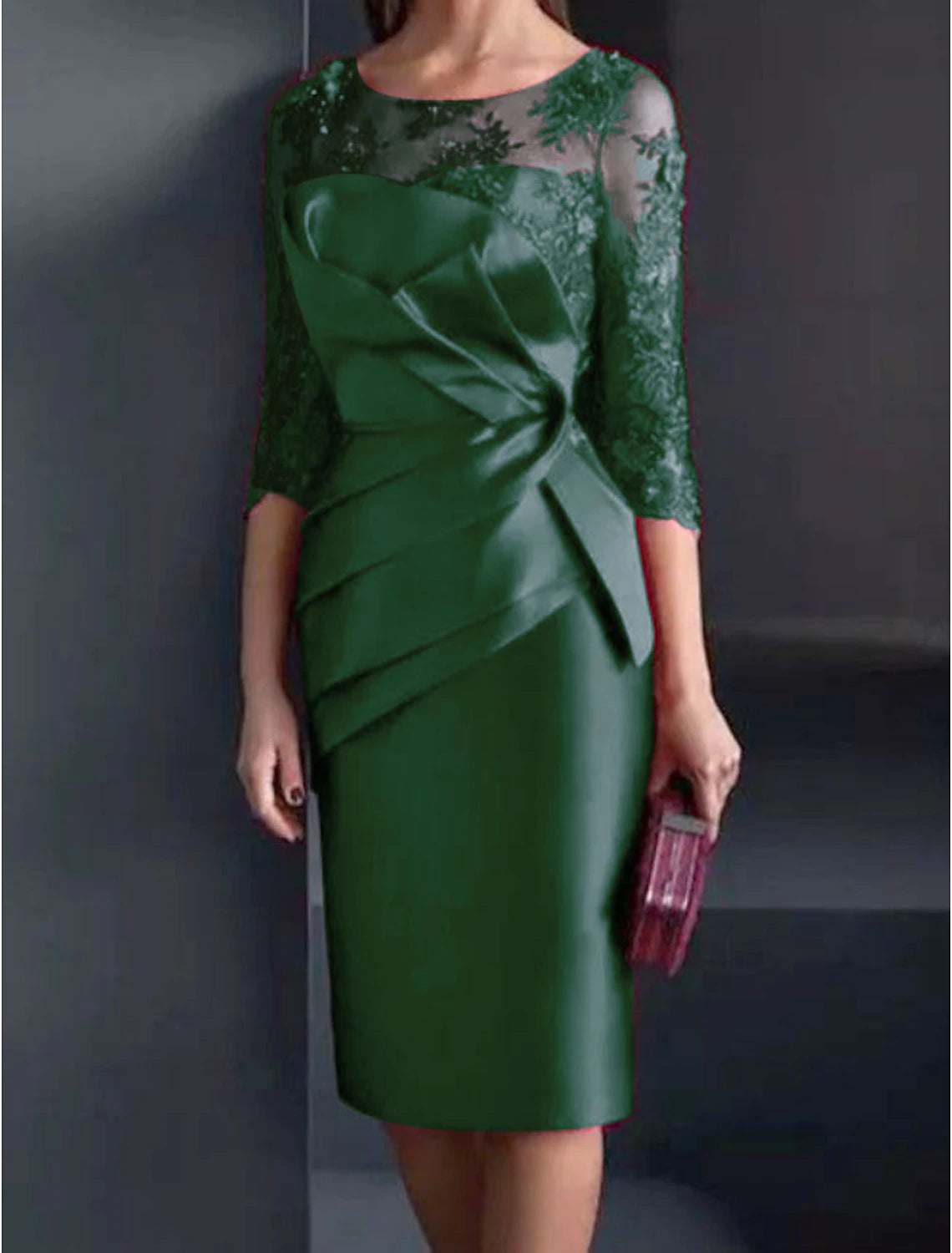 Abito da cerimonia per la madre della sposa, a tubino, elegante, con scollo a V, lunghezza al ginocchio, in raso e pizzo, maniche a 3/4 con applicazioni e arricciature