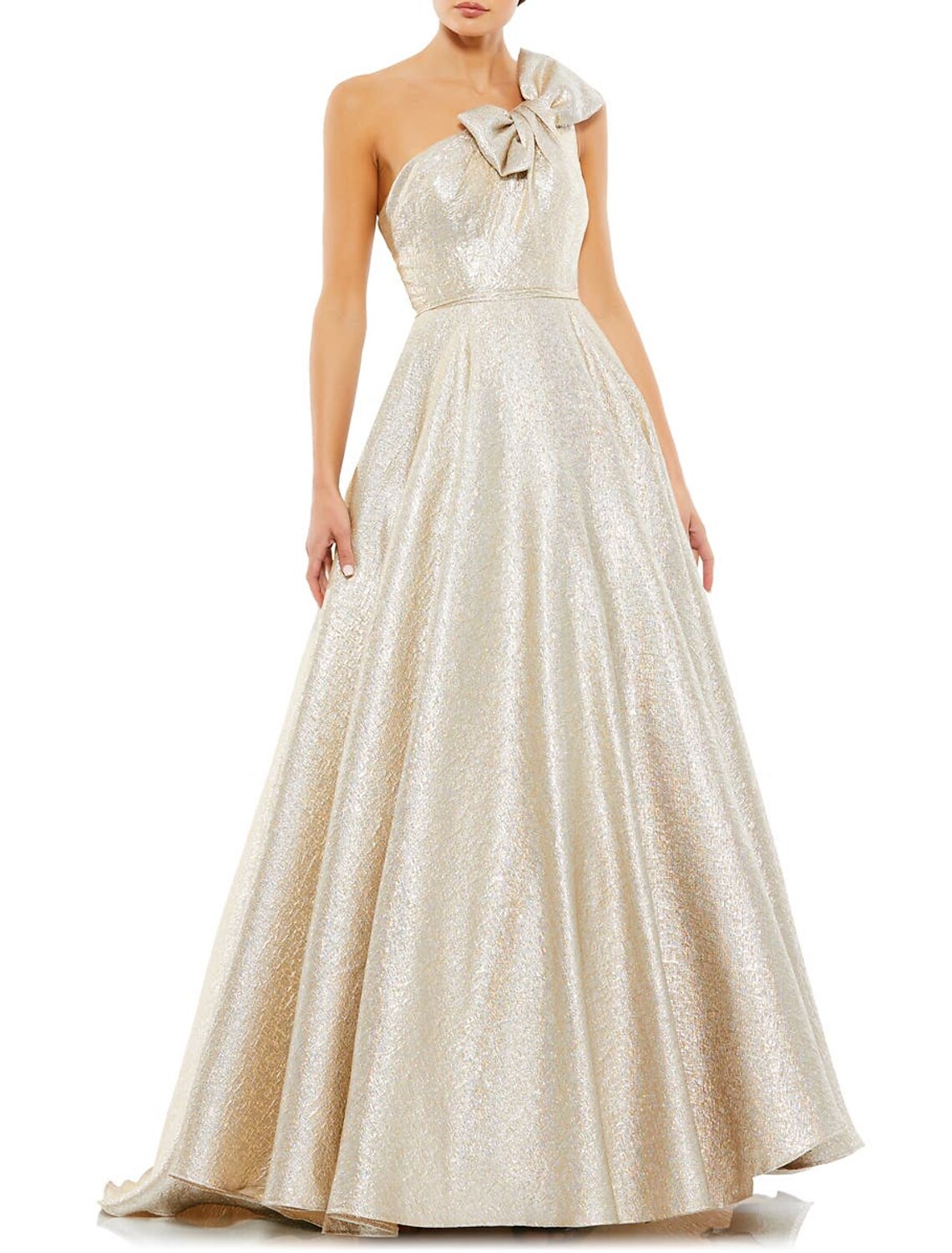 Abiti da ballo a trapezio, scintillanti, lunghi fino al pavimento, senza maniche, monospalla, tasca in raso con fiocco/i