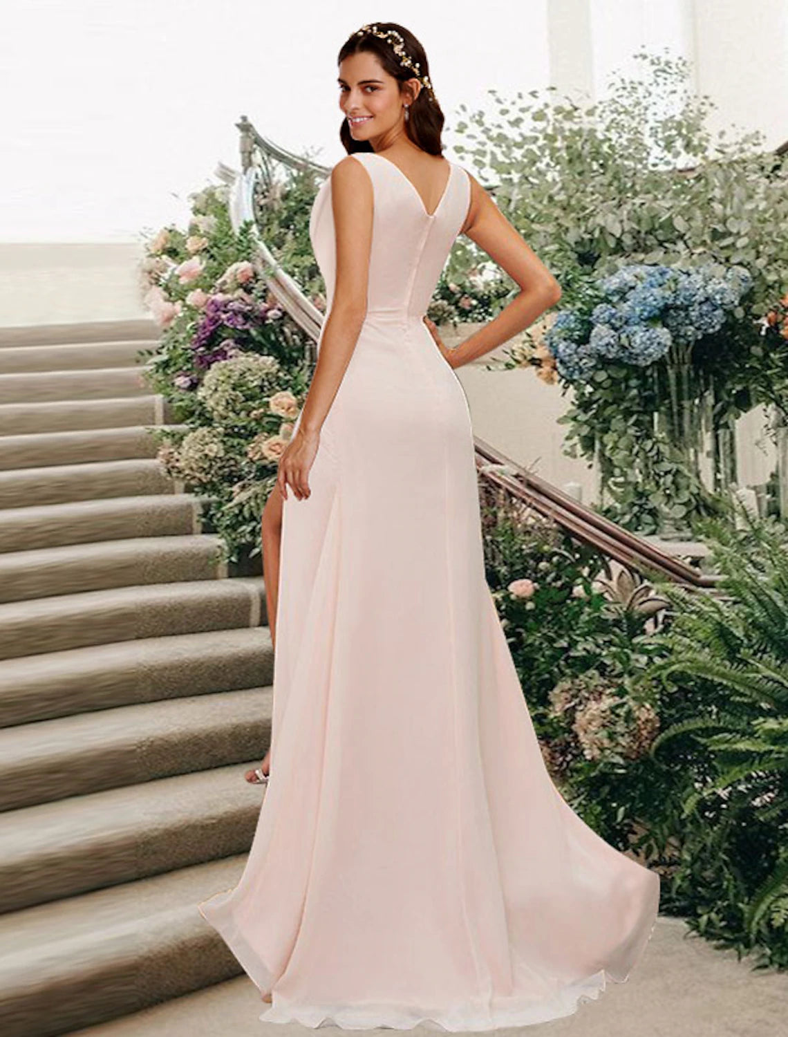 Blushing Pink Chiffon A-Line Floor-Length Bridesmaid Dress with Ruched Bodice & High Slit