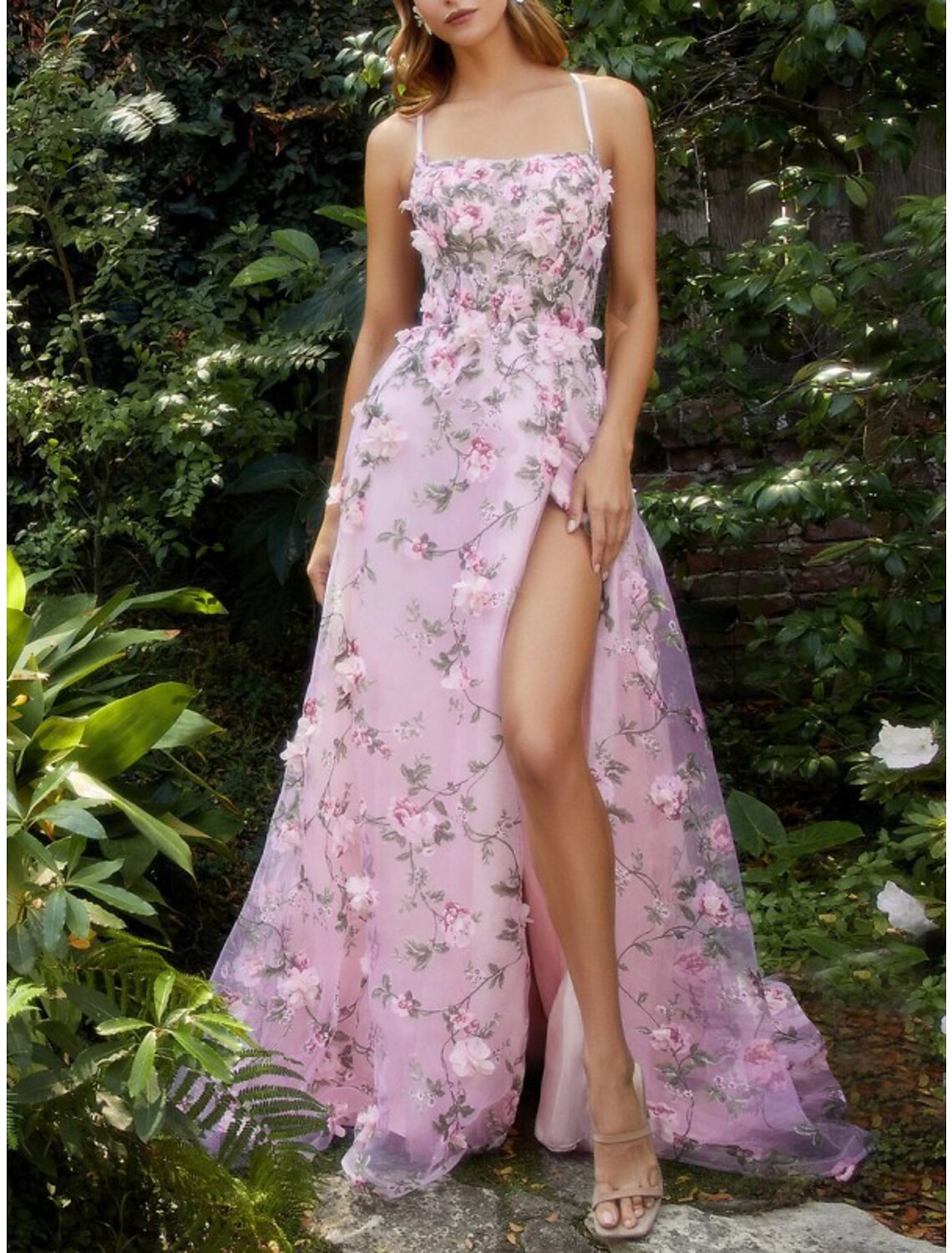 Abiti da ballo a tubino/colonna, abiti floreali, invitati a nozze, feste di nozze, strascico, senza maniche, spalline sottili, in pizzo, schiena scoperta con spacchi applicati