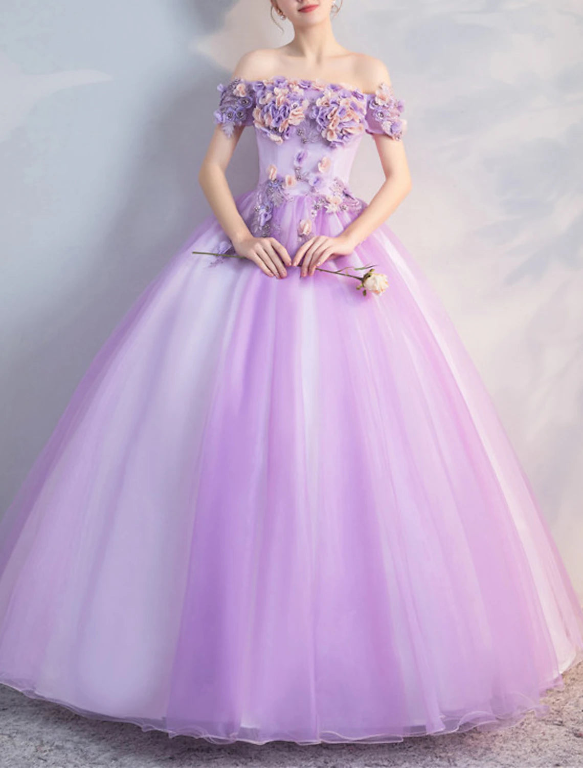 Ball Gown Prom Dresses Floral Dress Quinceanera Prom Floor Length Short Sleeve Off Shoulder Polyester with Appliques Pure Color
