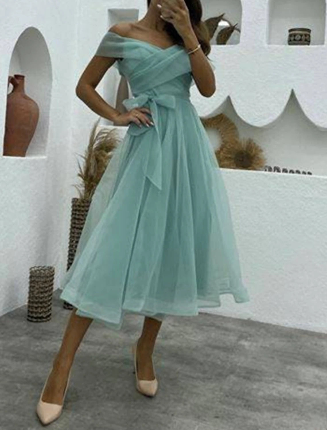Green Tulle A-Line Tea-Length Bridesmaid Dress