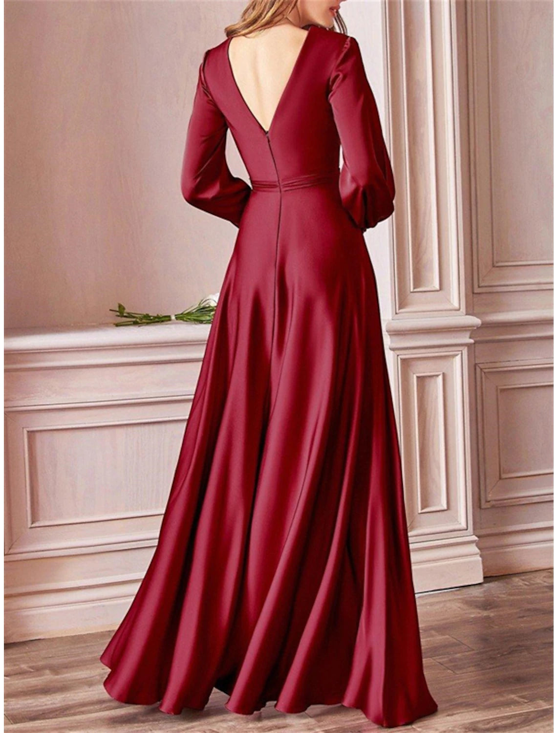 Dusty Blue Satin A-Line Floor-Length Dress with V-Neck, Draped Bodice & High Slit