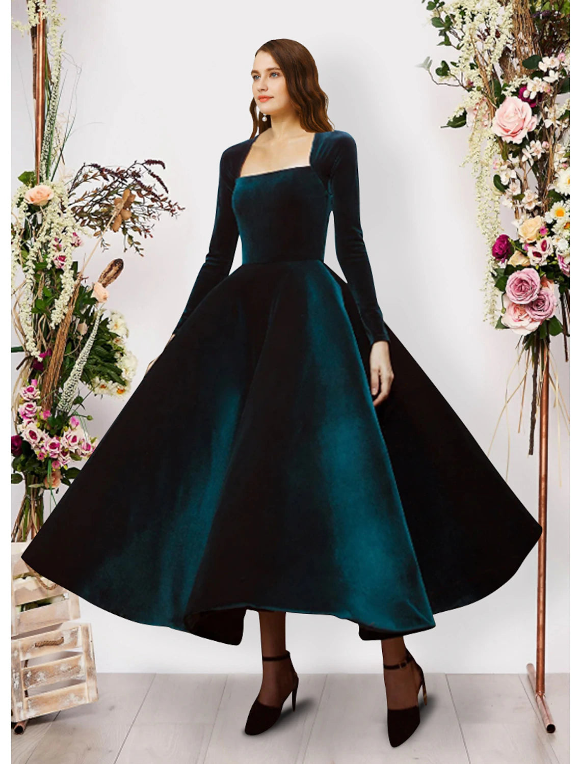 Vestido de noche estilo vintage, vestido de fiesta, vestido formal de noche, largo hasta los tobillos, manga larga, cuello cuadrado, terciopelo con color puro