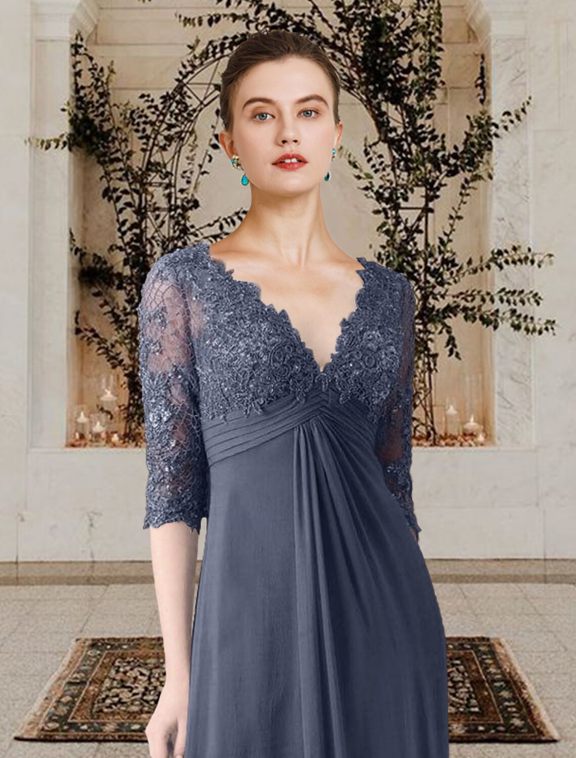 Abito da sposa a trapezio con scollo a V, elegante, in chiffon, con strascico a ruota, in pizzo, a mezza manica, con applicazioni