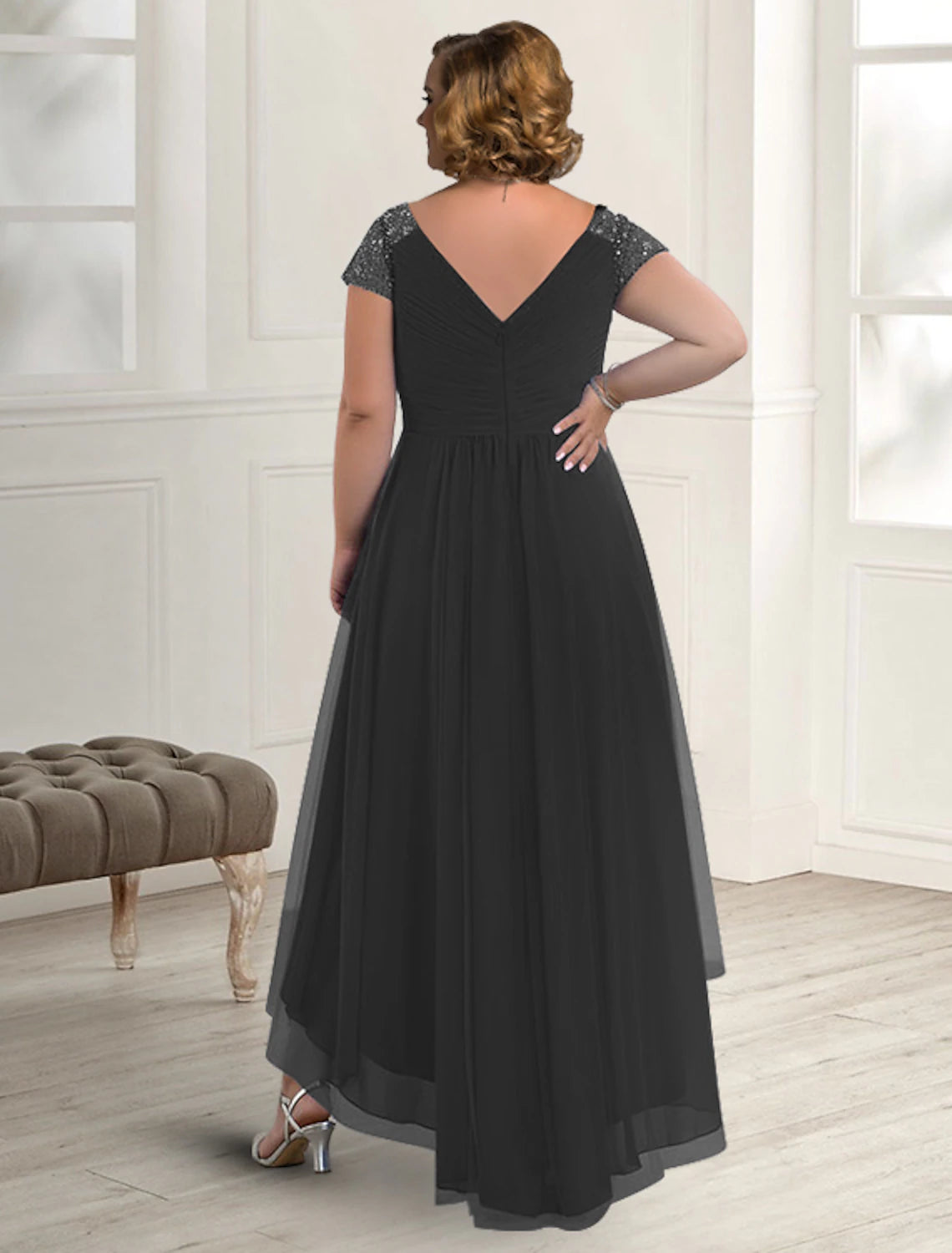 Black Chiffon A-Line Asymmetrical Mother of the Bride Dress with V-Neck and Sequined Sleeves