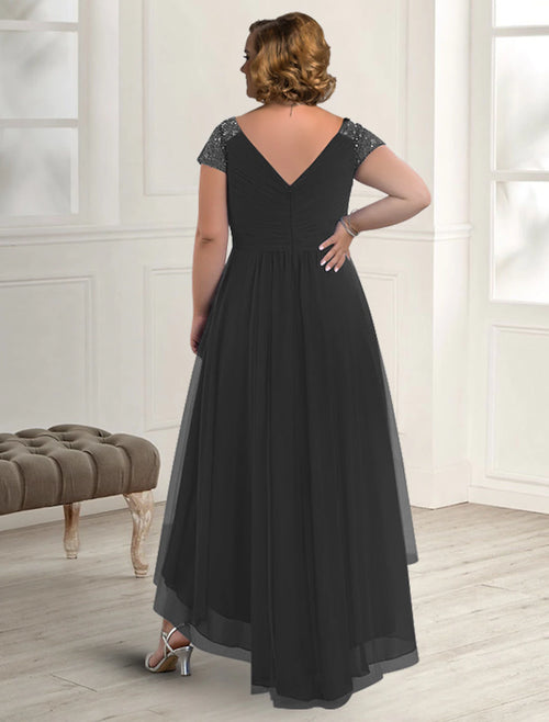 Black Chiffon A-Line Asymmetrical Mother of the Bride Dress with V-Neck and Sequined Sleeves