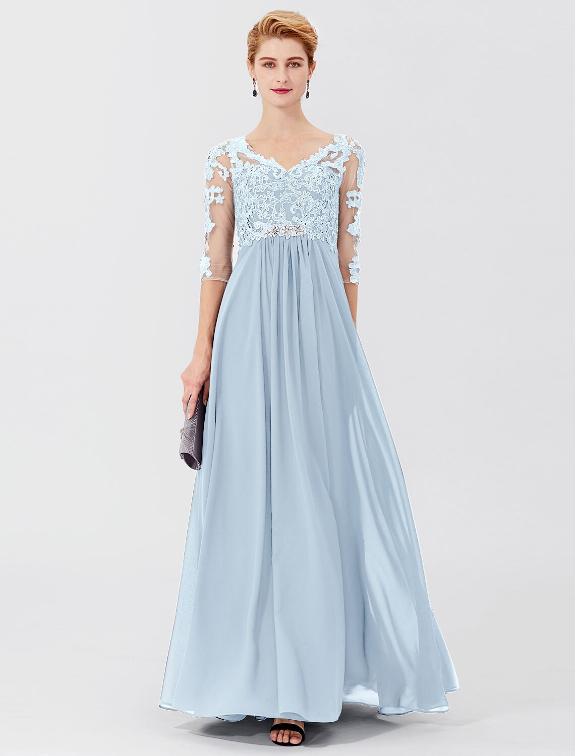 Vestido de fiesta de corte A para madre de la novia, formal, talla grande, elegante, escote en V, largo hasta el suelo, gasa, encaje transparente, manga 3/4 con apliques de cristales