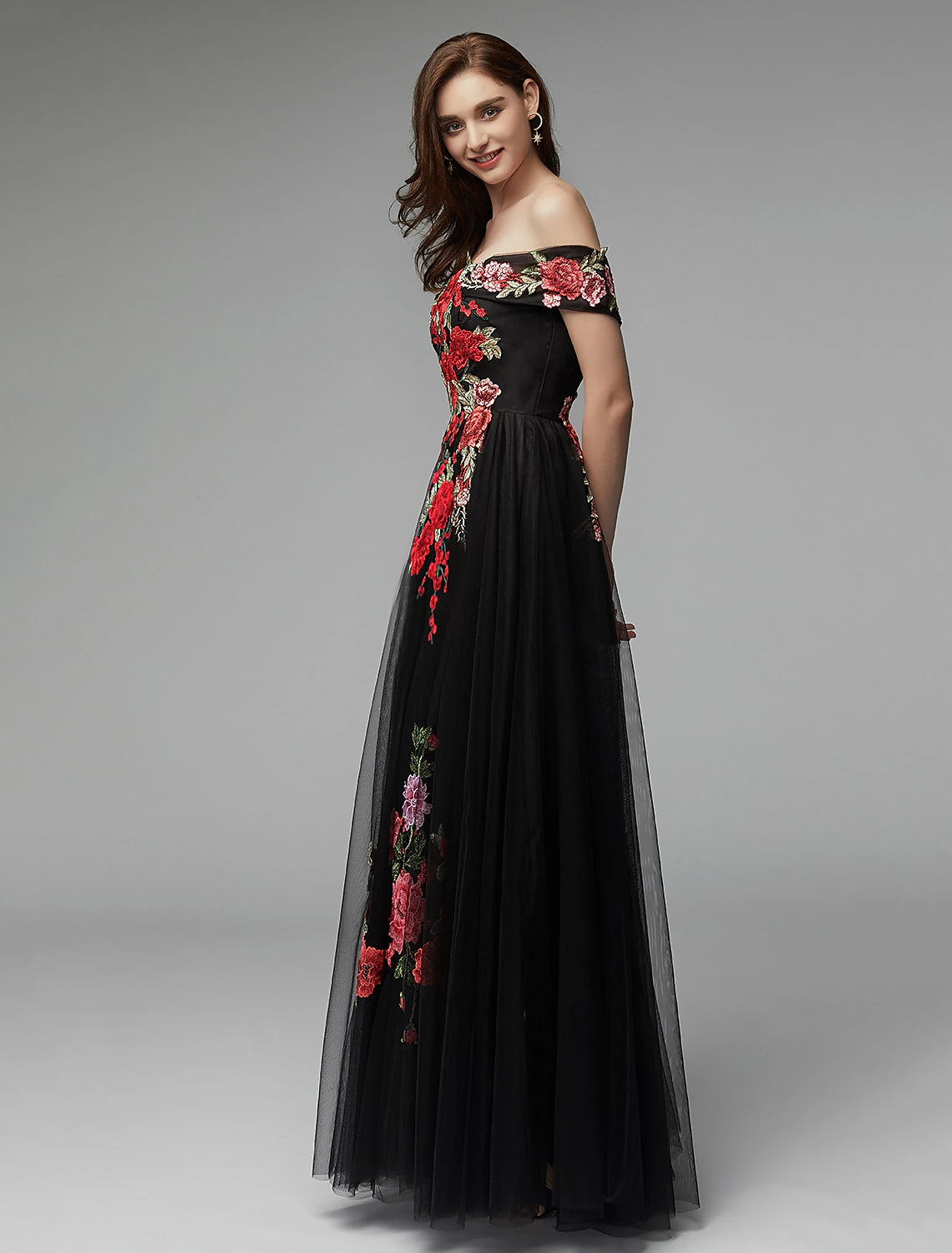 Vestidos de fiesta de corte A, vestido floral, para invitada de boda, para graduación, largo hasta el suelo, sin mangas, hombros descubiertos, encaje sobre tul con apliques bordados