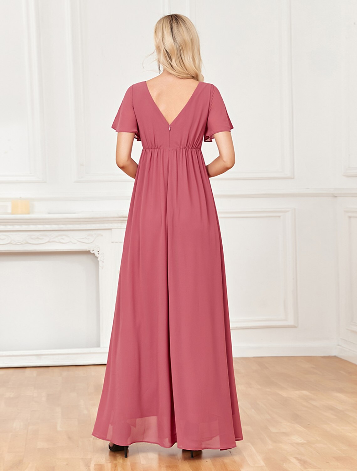 Abito da sera a trapezio, stile impero, da festa, da sposa, lungo, manica corta, scollo a V, in chiffon, con spacco sulla schiena
