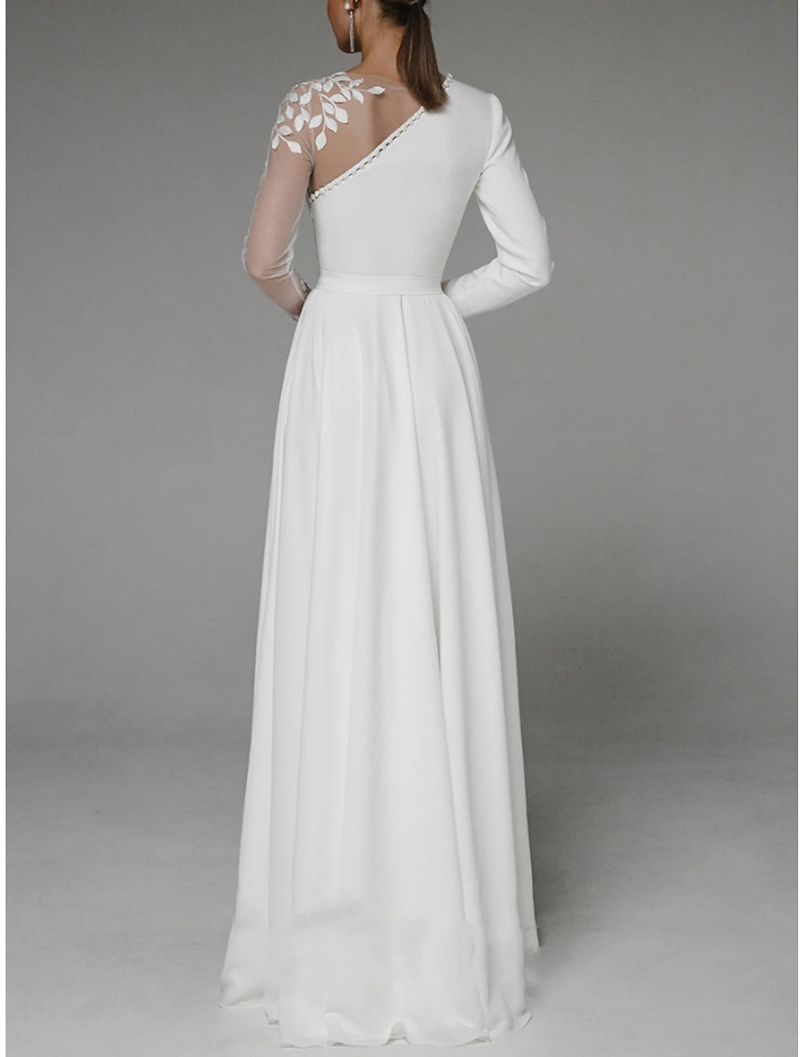 Abito da sera a trapezio, abito da festa formale, lunghezza pavimento, maniche lunghe, scollo gioiello, chiffon con pieghe e spacchi, applicazioni 2025