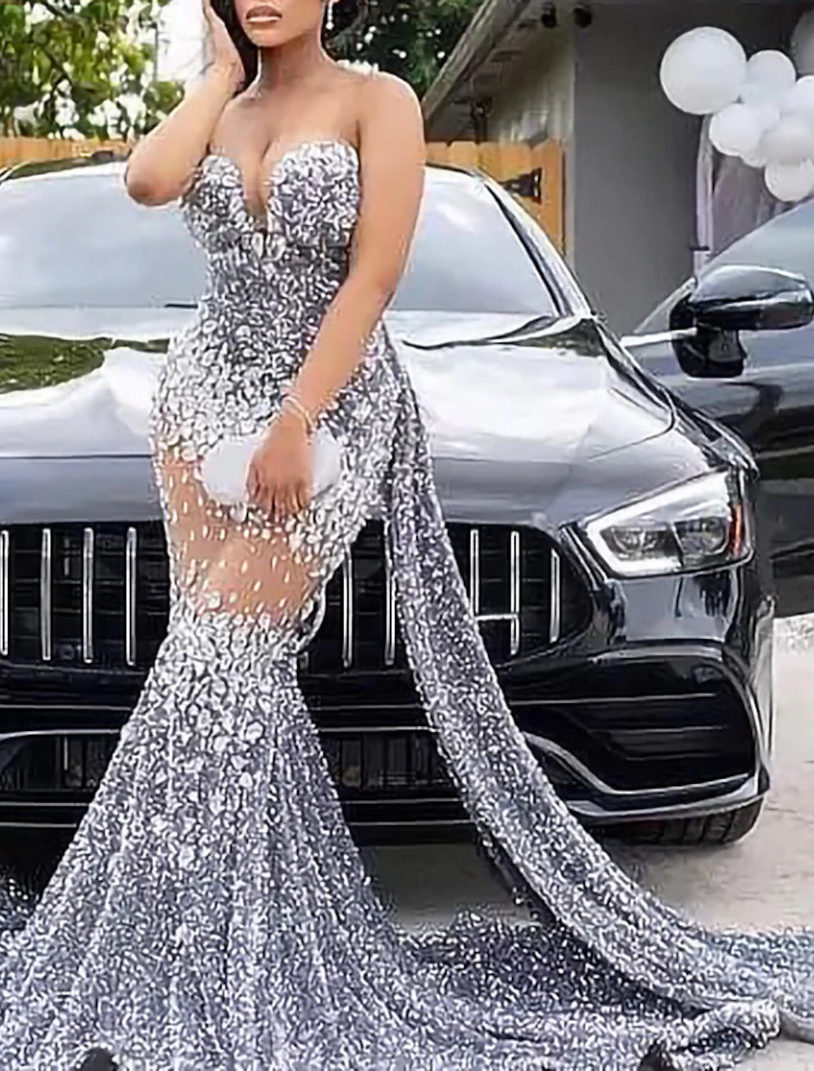 Silver Sequin Mermaid Floor-Length Evening Dress with Sweetheart Neckline