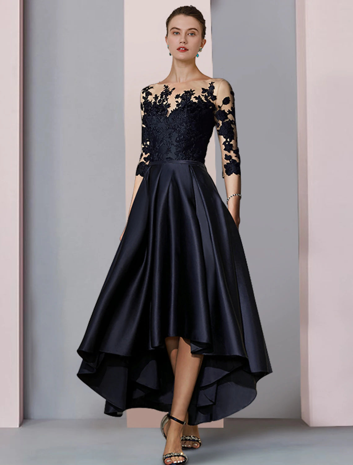 Black Satin A-Line Asymmetrical Dress with Illusion Lace Bodice