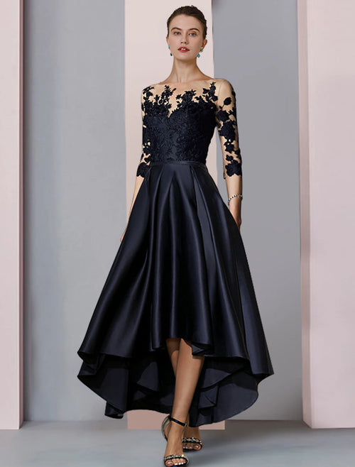 Black Satin A-Line Asymmetrical Dress with Illusion Lace Bodice