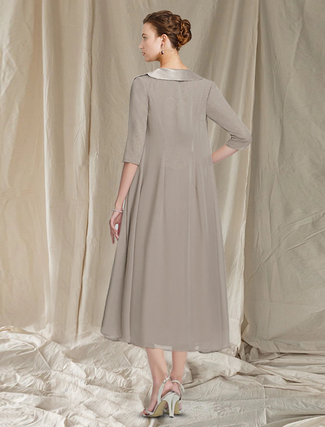 Vestido elegante de dos piezas para madre de la novia, corte en A, estilo iglesia, cuello joya, largo hasta la rodilla, de gasa, encaje, media manga, chaqueta, con apliques