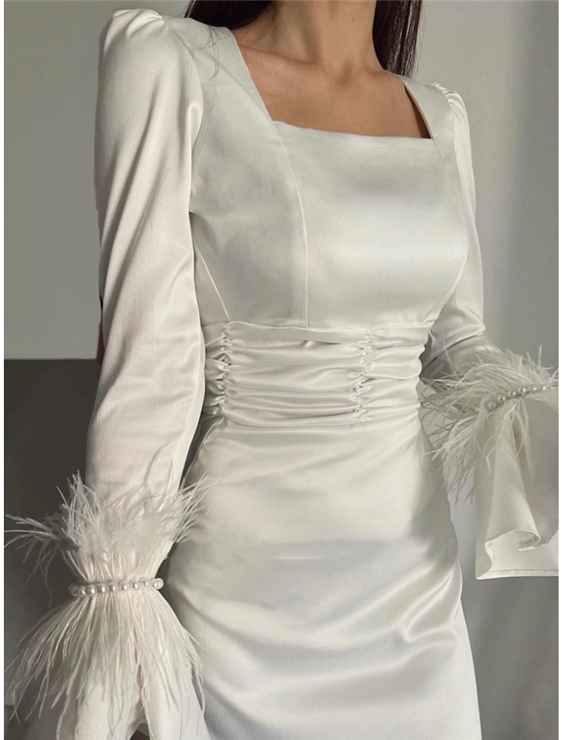 Sheath / Column Evening Gown Elegant Dress Formal Floor Length Long Sleeve Square Neck Satin with Feather Ruched Pearls 2025