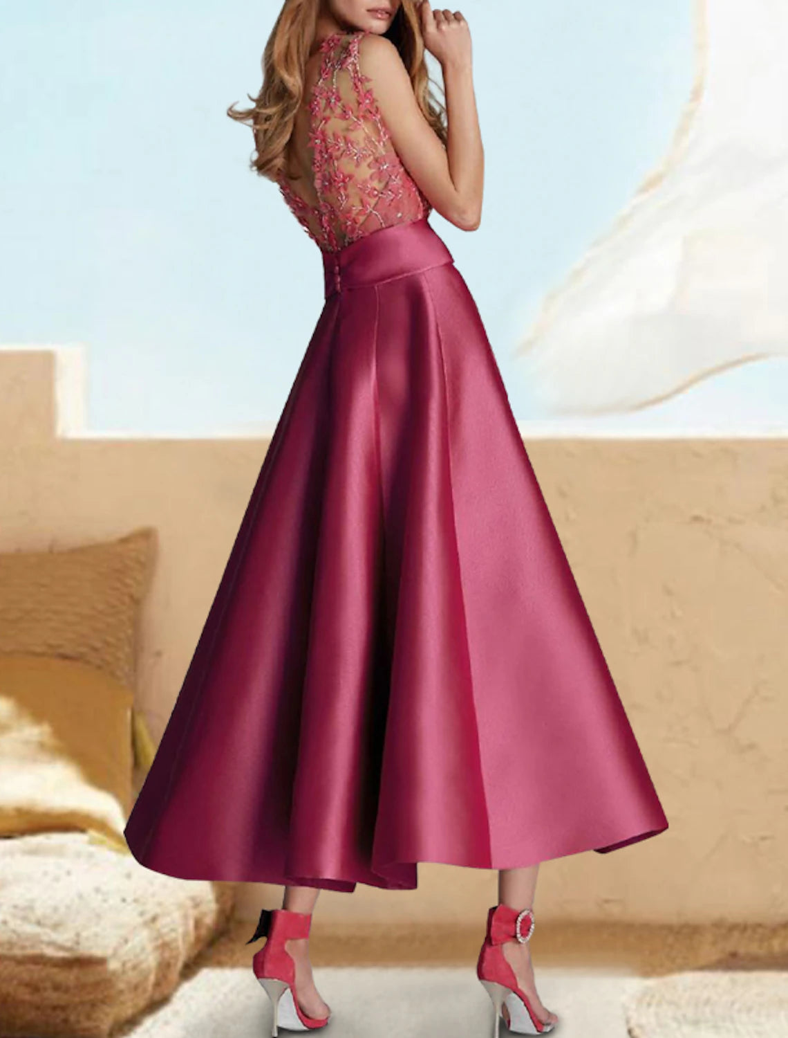 Vestidos de cóctel de corte A, florales, para invitadas de boda, formales, hasta la rodilla, sin mangas, con escote joya, de satén, con faja o cinta, para invitadas de boda de otoño, 2025