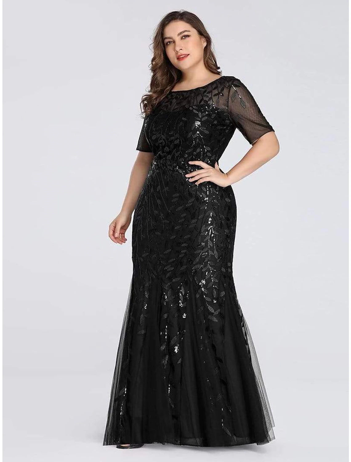 Vestido de noche elegante estilo imperio de sirena/trompeta para fiesta, formal, cuello joya, manga corta, largo hasta el suelo, de tul con bordado/manga ilusión.