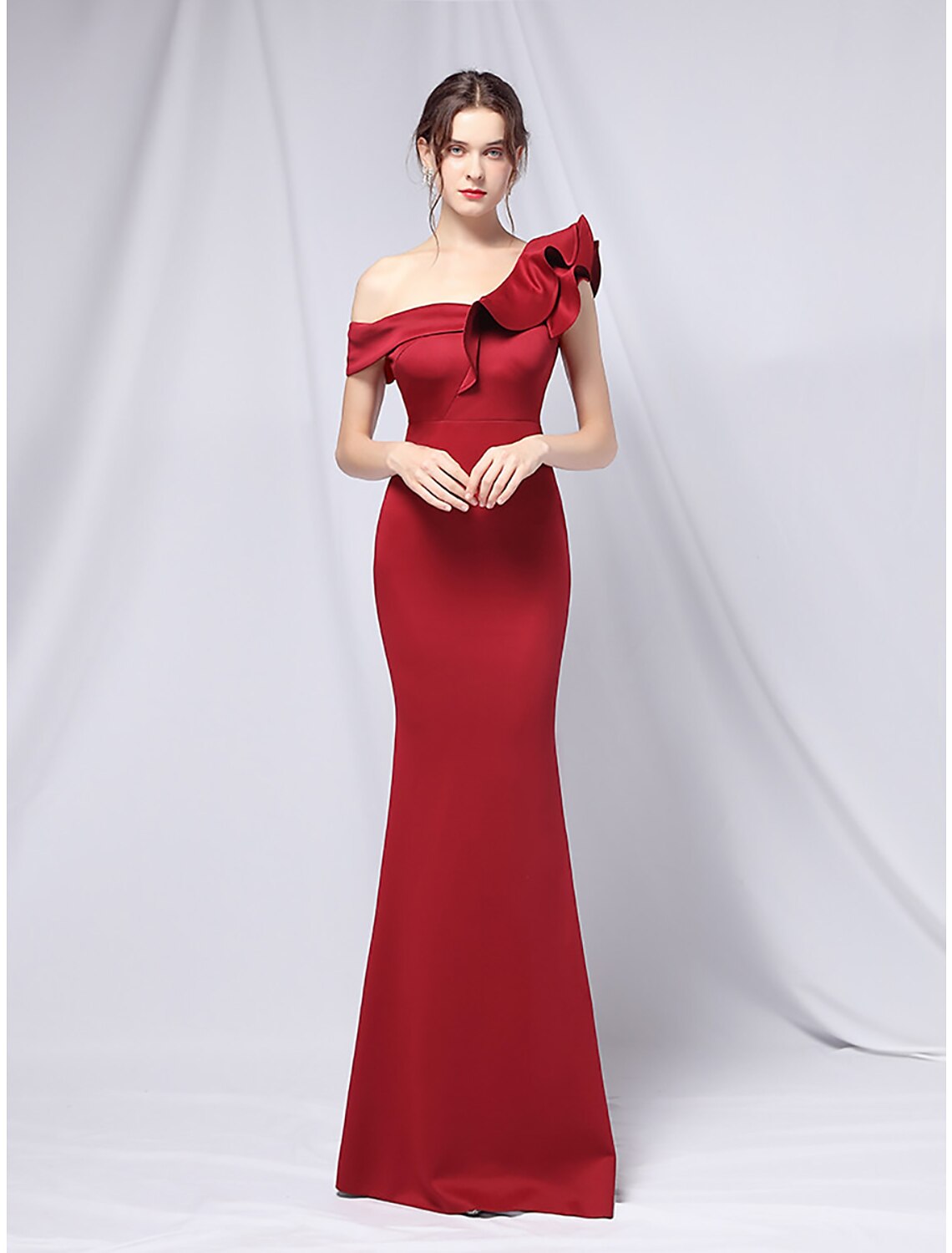Mermaid Party Dress Evening Gown Empire Dress Wedding Guest Formal Evening Floor Length Short Sleeve One Shoulder  Satin with Ruffles