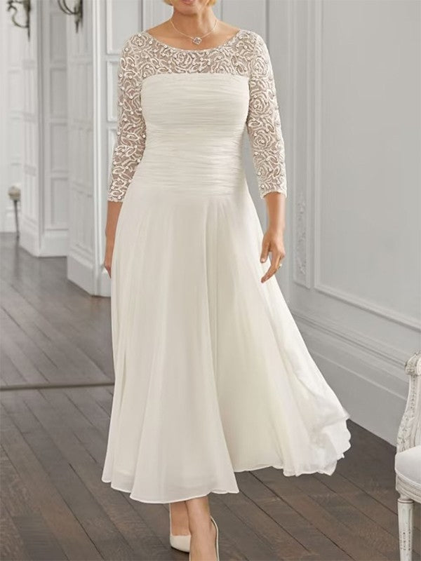 Abiti da sposa lunghi fino al tè, stile principessa/a, in chiffon con applicazioni, maniche a 3/4 e scollo a barchetta