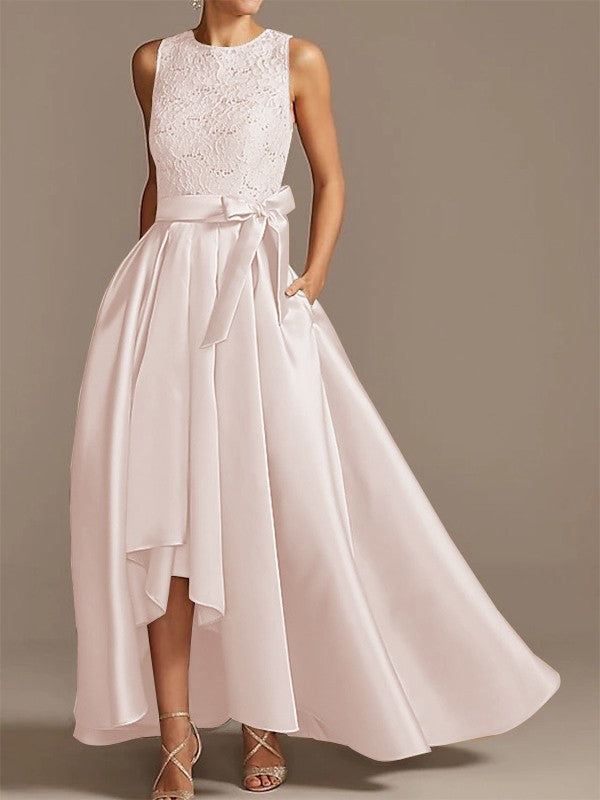 Nobile abito da sposa asimmetrico con cintura in raso a forma di A, cintura in nastro con applicazioni, senza maniche, rotondo basso, per la madre della sposa