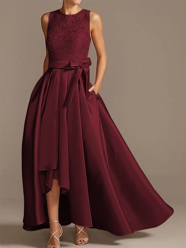 Nobile abito da sposa asimmetrico con cintura in raso a forma di A, cintura in nastro con applicazioni, senza maniche, rotondo basso, per la madre della sposa