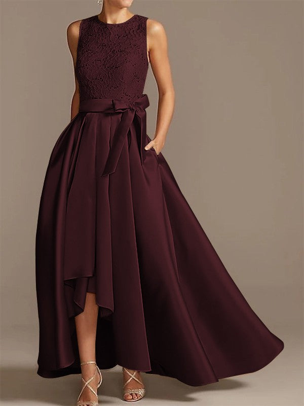 Nobile abito da sposa asimmetrico con cintura in raso a forma di A, cintura in nastro con applicazioni, senza maniche, rotondo basso, per la madre della sposa